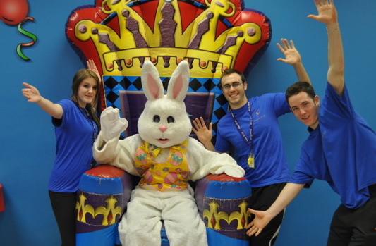 The Easter Bunny with Pump It Up staff