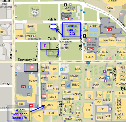 Map of Lattie F. Coor Hall and Tempe Masjid on ASU Campus