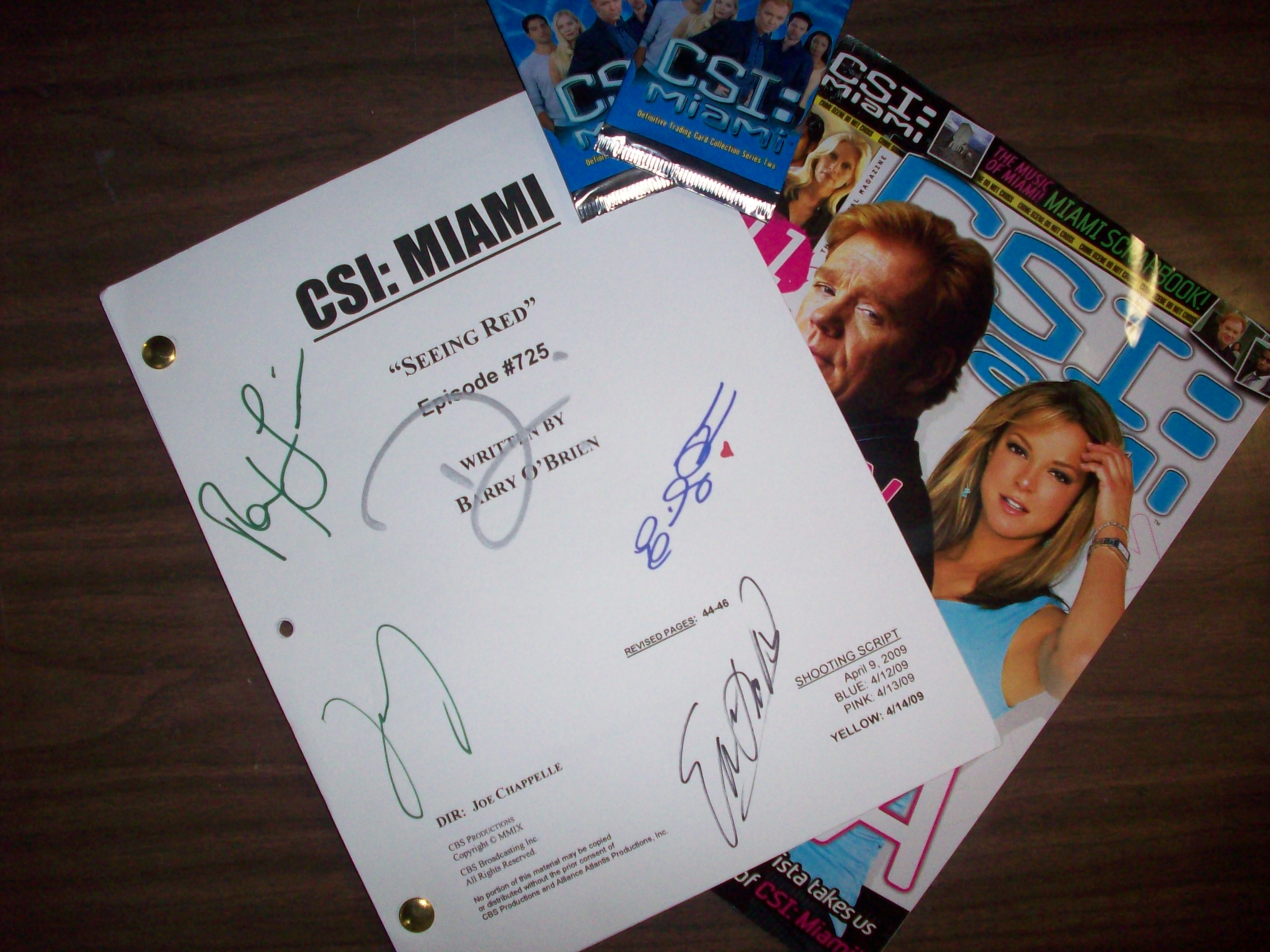 CSI Miami:  -2 set of trading cards -Collector's Edition magazine for CSI: Miami -An original/authentic script for CSI Miami: Episode 725 autographed by the cast --- Rex Linn, David Caruso, Emily Procter, Jonathan Togo & Eva La Rue
