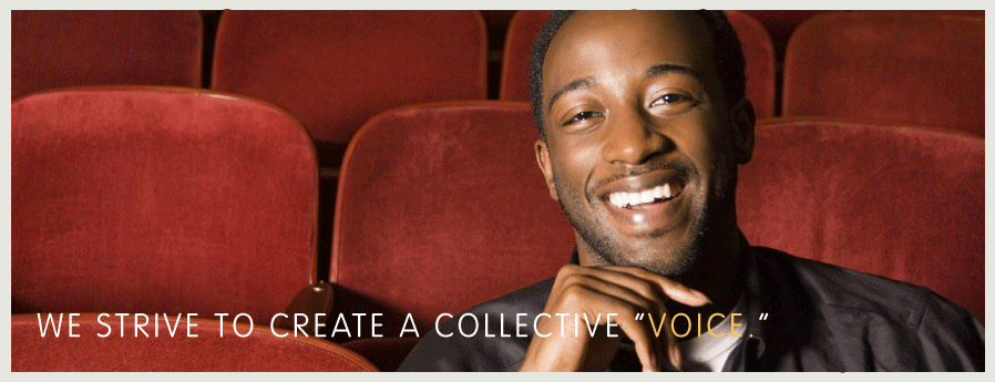 Collective Voice, Collective Identity Images of smiling African American man in the theater, photo of African American female dancer, group shot of Latino actors from Gala Theater production in Washington, DC