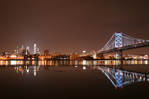 Philly at night over river