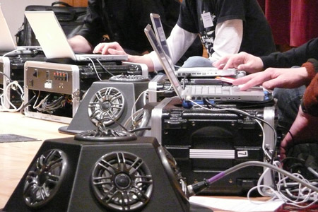 hemis_72.jpg Boulder Laptop Orchestra uses hemisphere speakers (six-side structure contains 6 speakers as one unit)