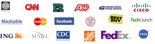 The World Bank, CNN, ADP, The United States Post Office, Cisco, Mashable.com, MasterCard, Facebook, Harvard University, Best Buy, TechCrunch, ING, Manning Selvage Lee, Center for Disease Control, The Home Depot, FedEx, NASA